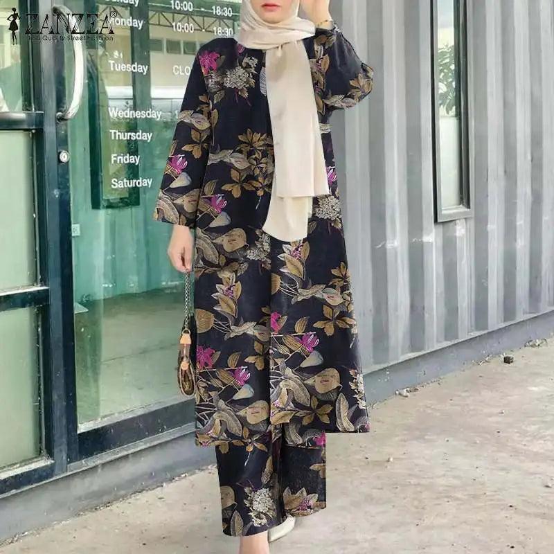 ZANZEA 2PCS Floral Muslim Sets Boehmain Female Blouse Wide Leg Pant Sets Turkey Abaya Loose Matching Sets IsIamic Tracksuits - Aurex