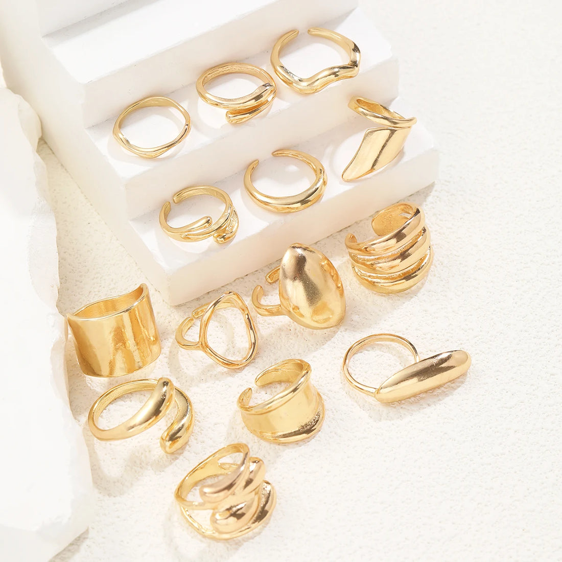 14pcs Exaggerated Smooth Rings Set For Women Fashion Simple Gold Color Geometric Asymmetrical Wide Face Ring Casual Jewelry Gift