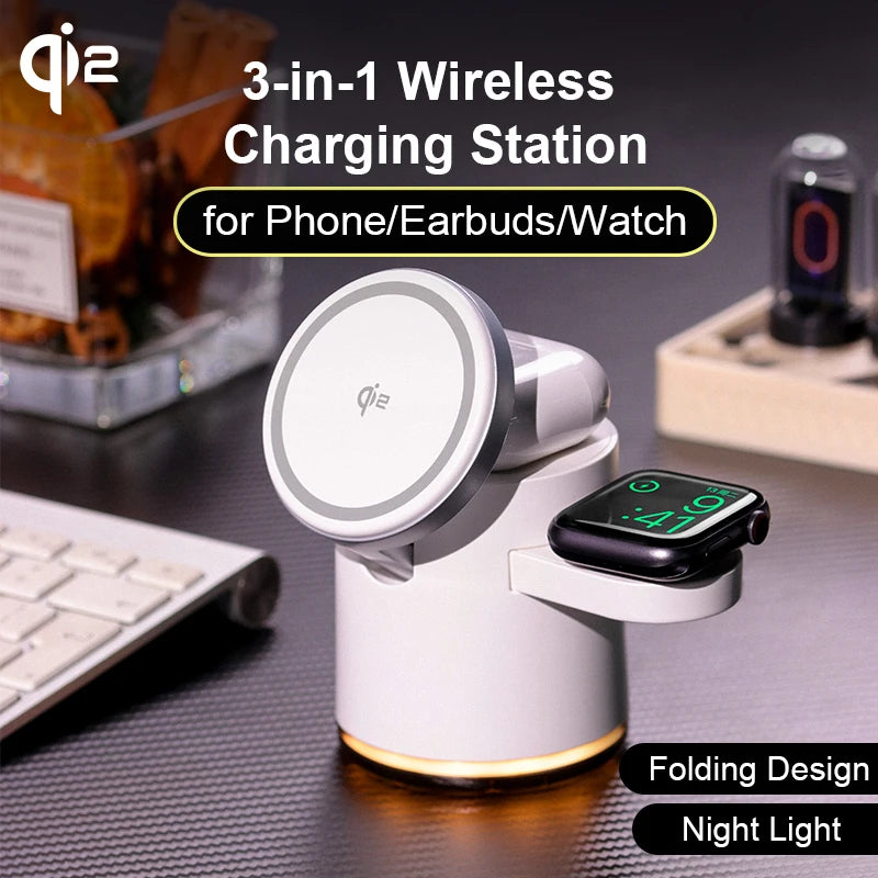 2025 New Qi2 Wireless Charger 3-in-1 Fast Charging Station Stand Folding Holder for iPhone 16 15 14 Pro Max Airpods Apple Watch - Aurex