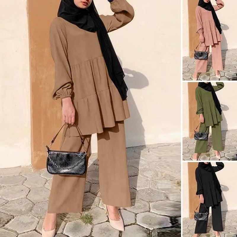 Ensembles Muslim Two Piece Set Women Blouse Wide Leg Pants Suit Ramadan Eid Morocco Dubai Islam Arabic Modest Saudi Outfits - Aurex