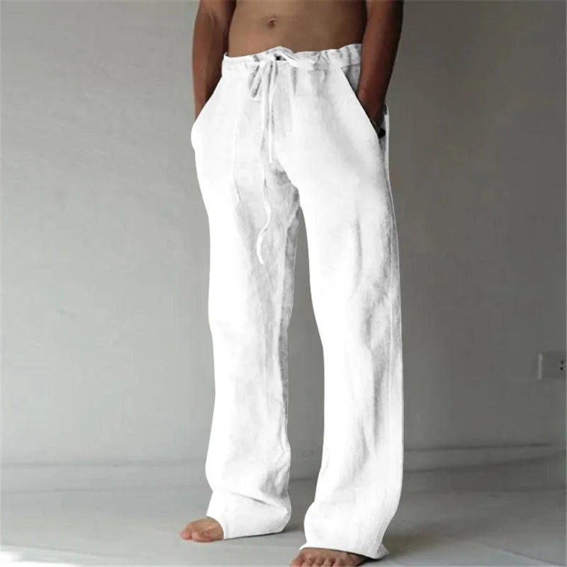 Men's Cotton Linen Long Pants Summer Solid Color Breathable Linen Trousers Male Casual Elastic Waist Casual Pants Harajuku Trous