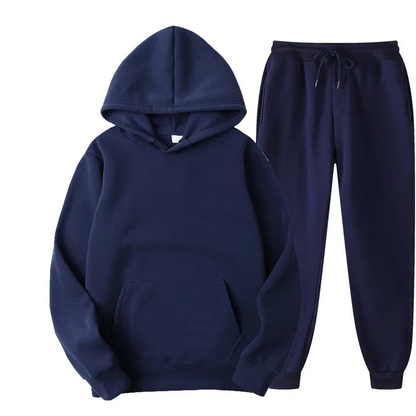 New men's and women's sportswear hoodie casual solid color thick pullover and pants two-piece set autumn and winter jogging suit - Aurex