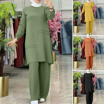 Black Green Yellow Big Size Arabic Islam Clothes Women 2 Piece Sets Outfits Blouse And Pants Casual Modest Clothing Long Shirts - Aurex