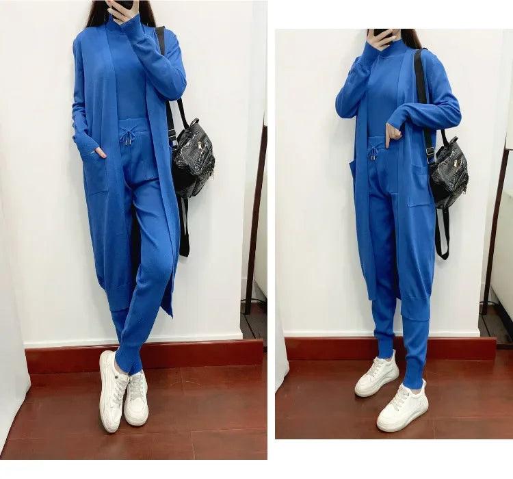 Winter Women Knitted 3 Pieces Set Casual Thicken Long Coat Dress Sweater Coat +top + Pant 3PCS Suits Warm Set Abaya 2024 - Aurex