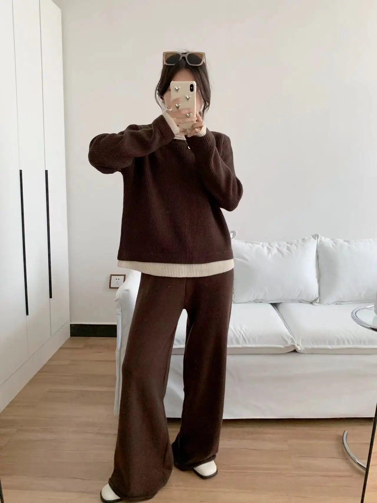 Knitted Two-Piece Pullover Sweater & Wide-Leg Pants Set – Modest Casual Knitwear Tracksuit - Aurex