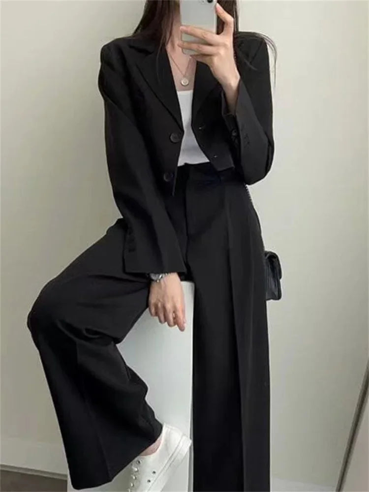 Spring Korean Casual Elegant Suits Blazer Jacket Wide Leg Trousers High Waist Pants Suits Female 2 Piece Sets Crop Top Coats - Aurex