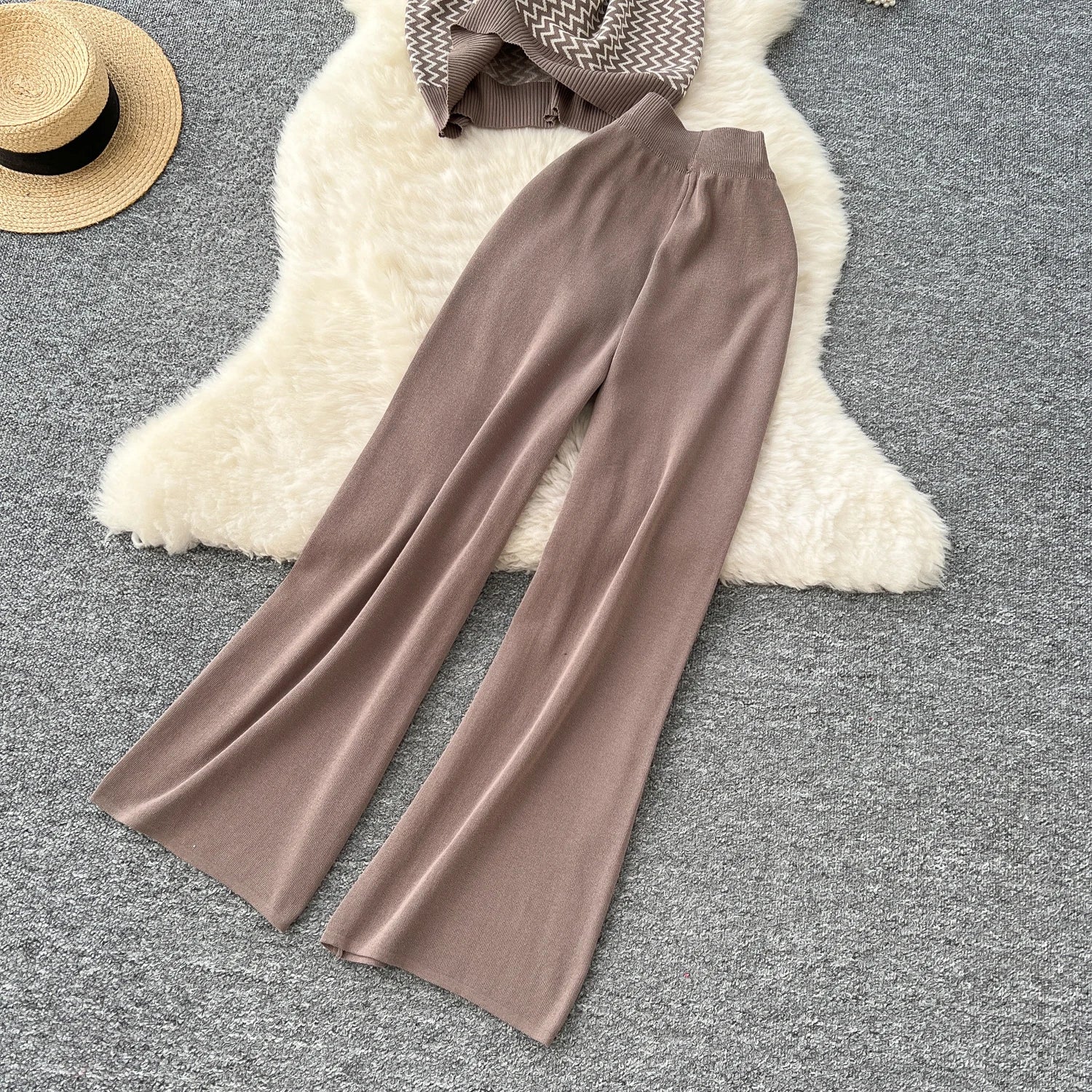 SINGREINY Korean Fashion Summer Sets O Neck Sleeveless Stripe Knitting Tops+Elastic Waist Basic Long Pants Casual Female Suits - Aurex