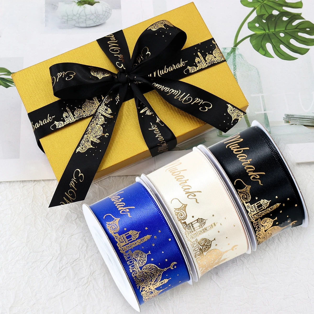 1pc Eid Ramadan Mubarak Ribbon Tapes for 2025 Muslim Fasting Festival Gifts Wrapping Showcase Home Partyware Banner Cake Decor