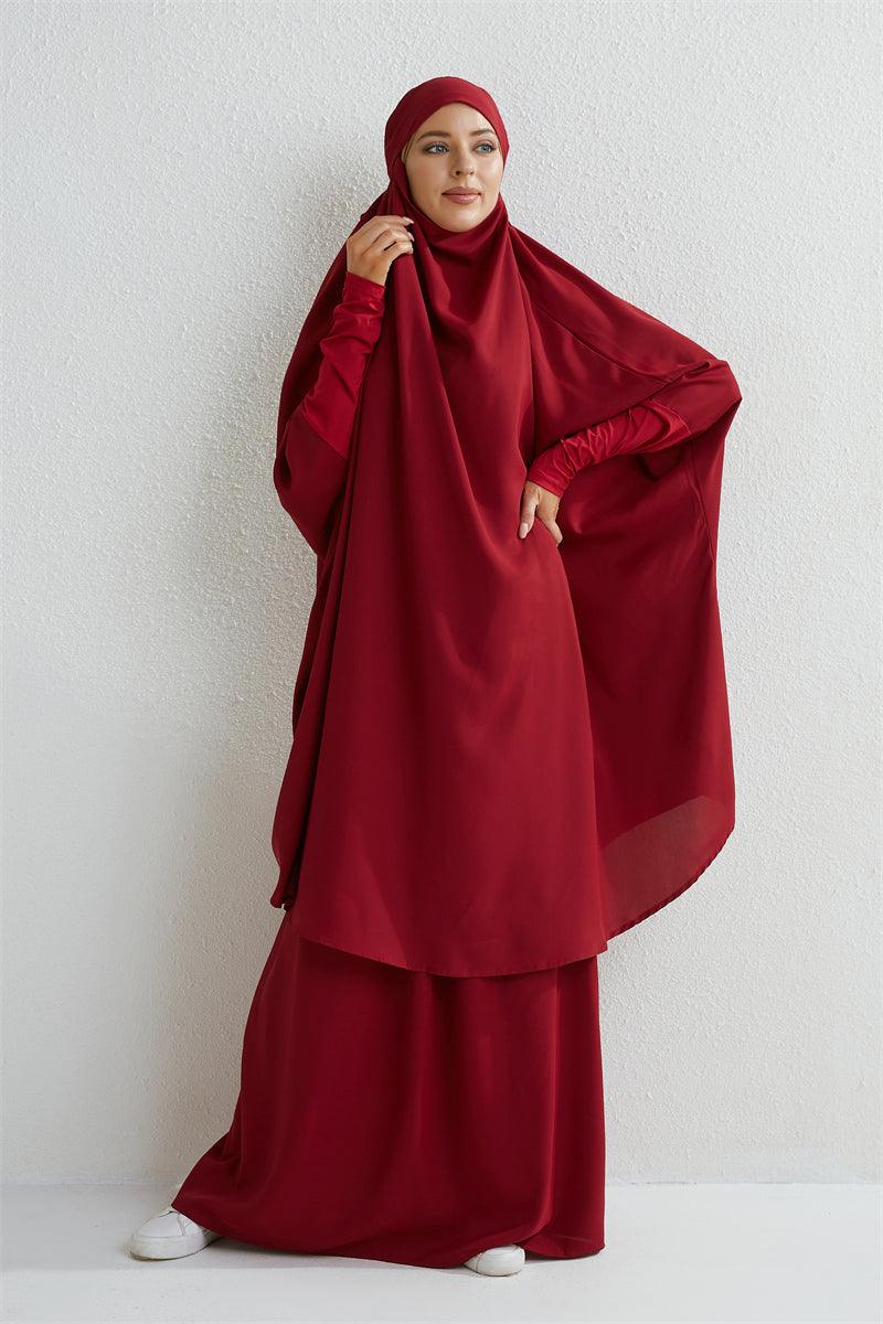 Muslim Sets Two Pieces Prayer Clothing Long Hooded Smocking Sleeve Shirts Hijab Loose Maxi Skirts Elastic Waist Women Abaya Sets - Aurex