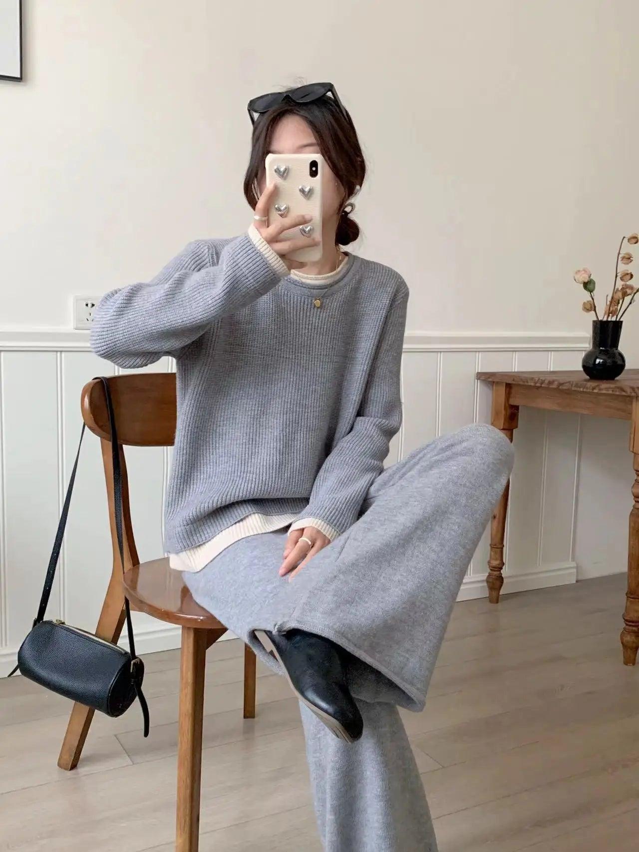 Knitted Two-Piece Pullover Sweater & Wide-Leg Pants Set – Modest Casual Knitwear Tracksuit - Aurex