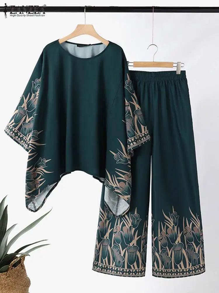 Muslim Hijab Tracksuits ZANZEA 2PCS Vintage Matching Sets Summer Wide Leg Pant Sets Bohemain Floral Blouse & Trousers Suit 2024 - Aurex