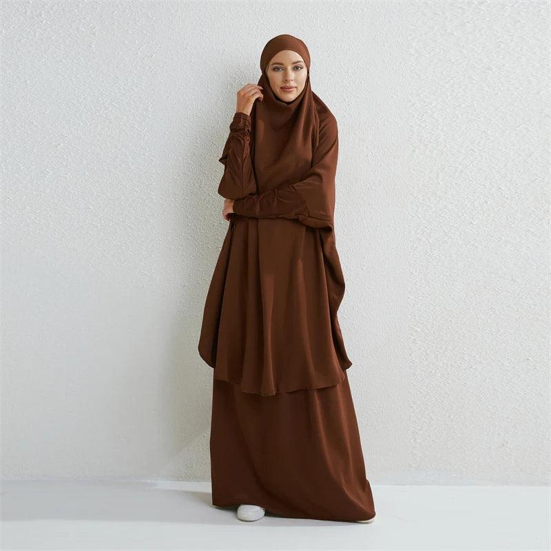 Muslim Sets Two Pieces Prayer Clothing Long Hooded Smocking Sleeve Shirts Hijab Loose Maxi Skirts Elastic Waist Women Abaya Sets - Aurex