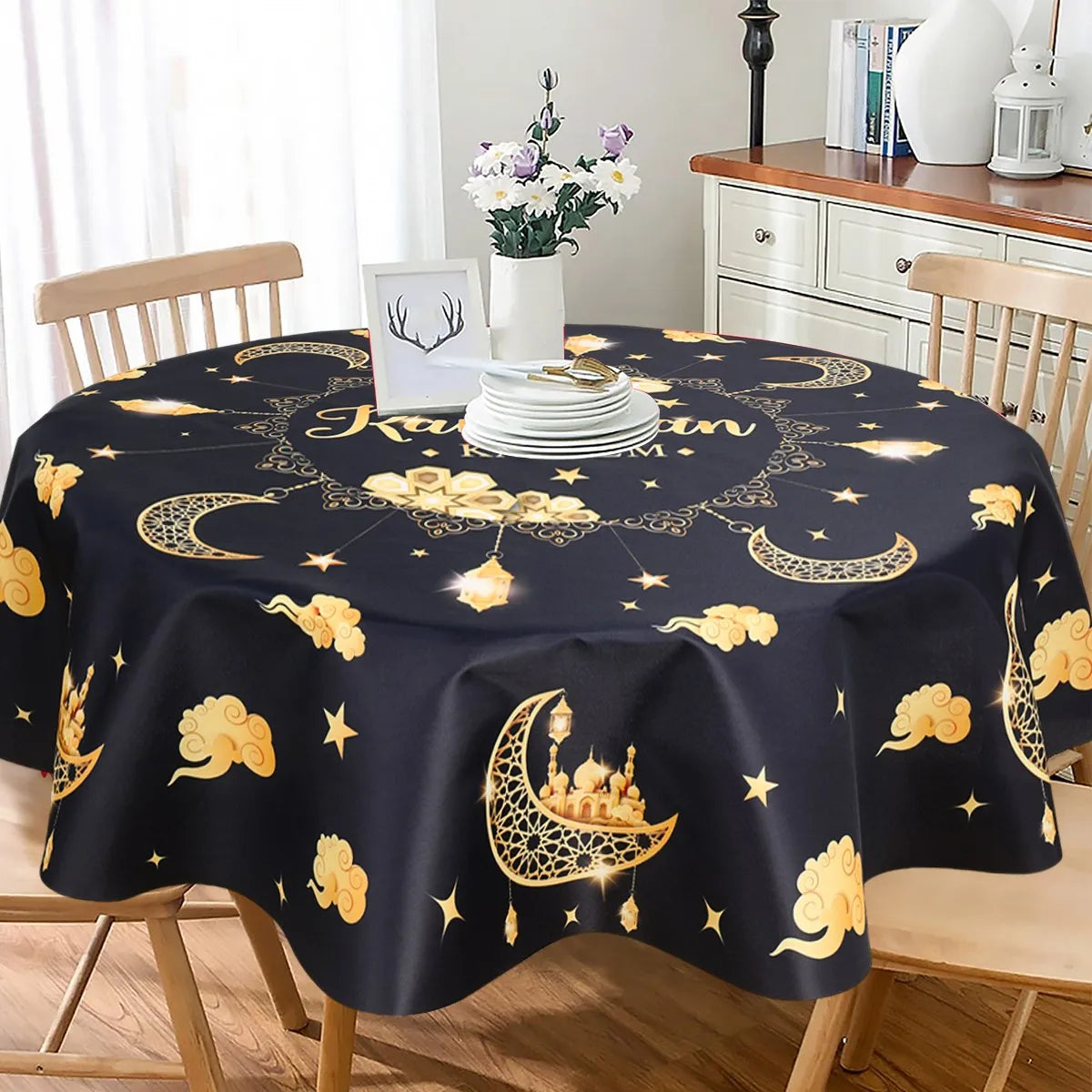 Ramadan Kareem Moon Star Round Tablecloth 2025 Eid Mubarak Ramadan Decoration for Home Islamic Muslim Party Supplies Table Cover