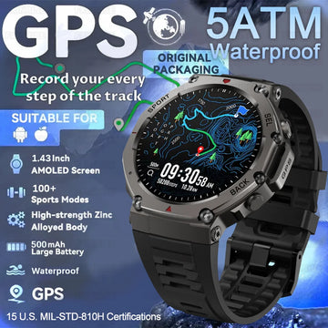 2025 New Professional GPS Outdoor Sports Watch 1.43" AMOLED Screen 5ATM Swim Compass Altimeter BT Call Health monitor Smartwatch