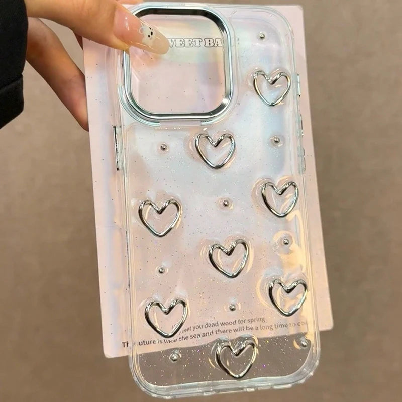 Korea Glitter 3D Silver Love Heart Phone Case For iPhone 16 15 14 13 12 11 Pro Max 7 8 Plus X XS Epoxy Shell Girl Clear Cover