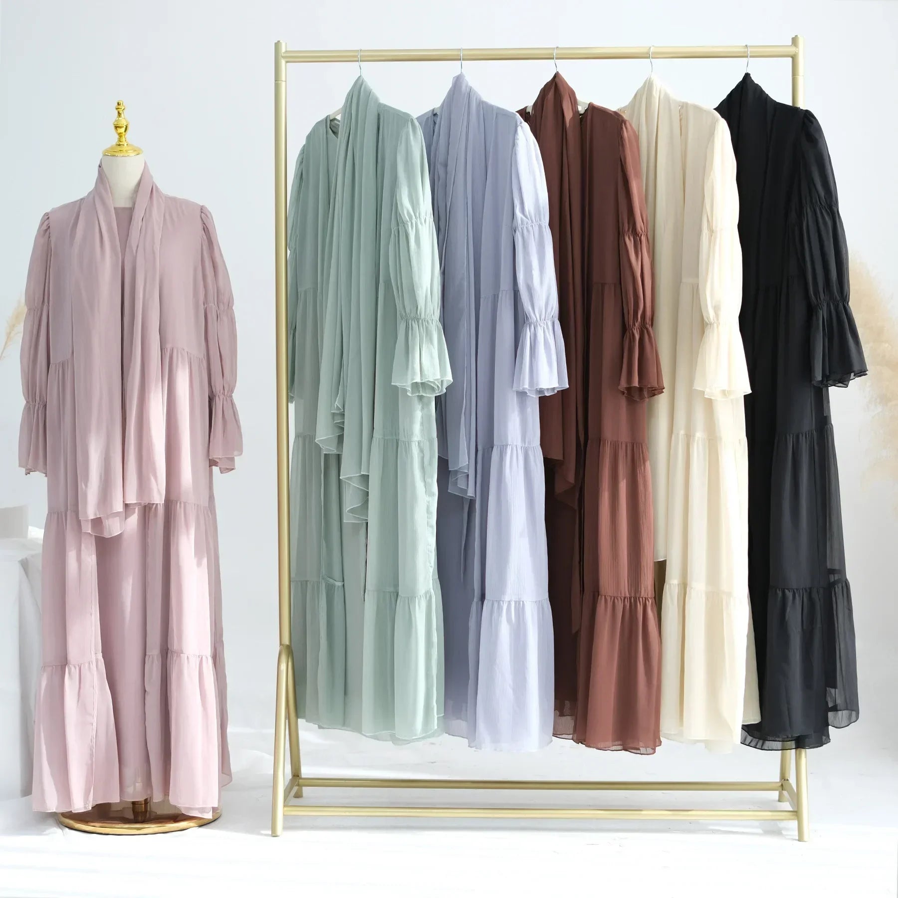 Muslim Set Solid Color Chiffon Long Sleeve Dress and Front Open Abaya Ramadan Abaya Islamic Clothing Women's Modest Dresses