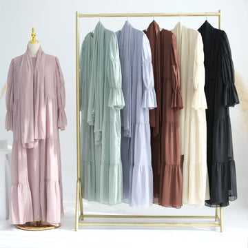 Muslim Set Solid Color Chiffon Long Sleeve Dress and Front Open Abaya Ramadan Abaya Islamic Clothing Women's Modest Dresses