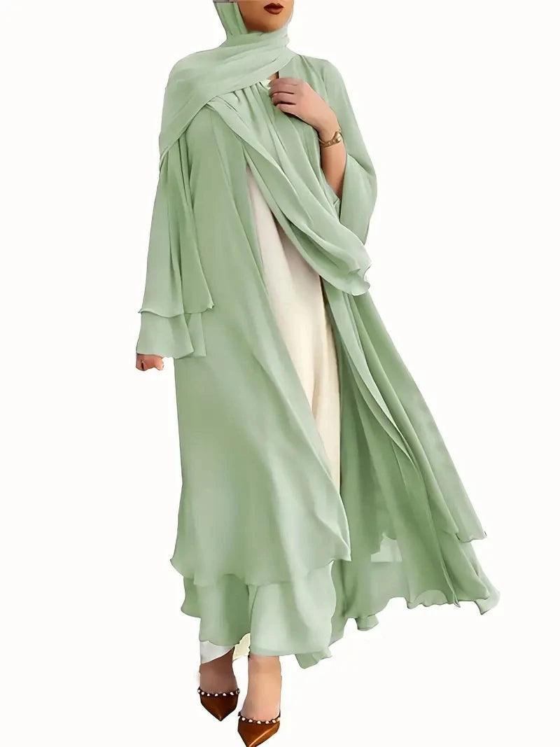 Solid Color Tie Waist Modest Dress, Elegant Layered Hem Maxi Length Dress With Hijab, Women's Clothing - Aurex