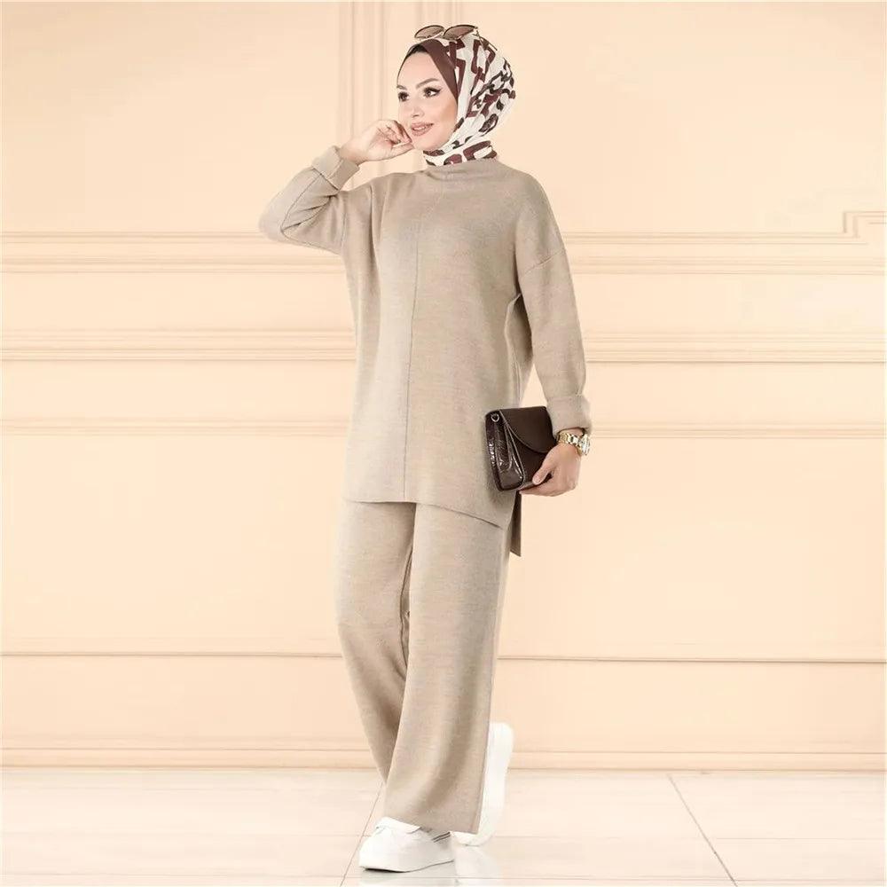 Elegant Casual Autumn Winter Knitted 2 Piece Set Womens Outfits Matching Muslim Set Wide Leg Pants Suit Tracksuit Ramadan Arabic - Aurex