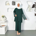 Women Muslim Sets Tops Wide Leg Pants Outfits Embroidery Ramadan Morocco Dubai Islam Modest 2 Piece Suit Trousers Ensemble - Aurex