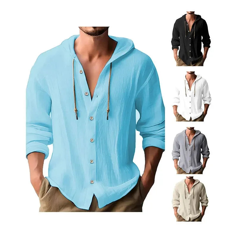 Men's Hooded T-Shirt Solid Color Cotton Linen Casual Long Sleeve Top Essentials Printed T-Shirt High Quality Man Gifts