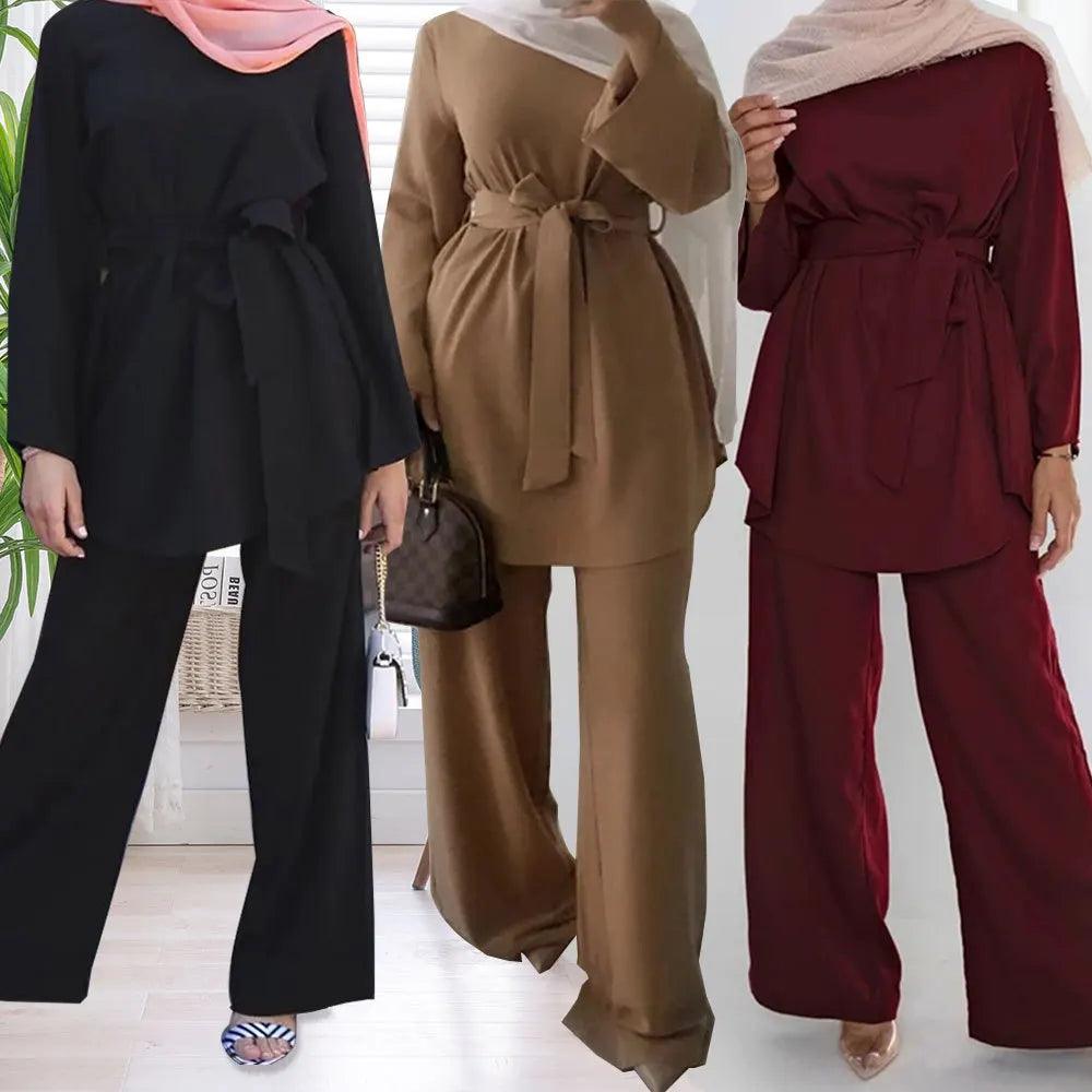 Casual Tracksuits for Women, Wide Leg Pants Sets, Long Sleeve Blouse, Muslim Abaya, Turkey Kaftan, Eid Arab, Autumn Fashion - Aurex