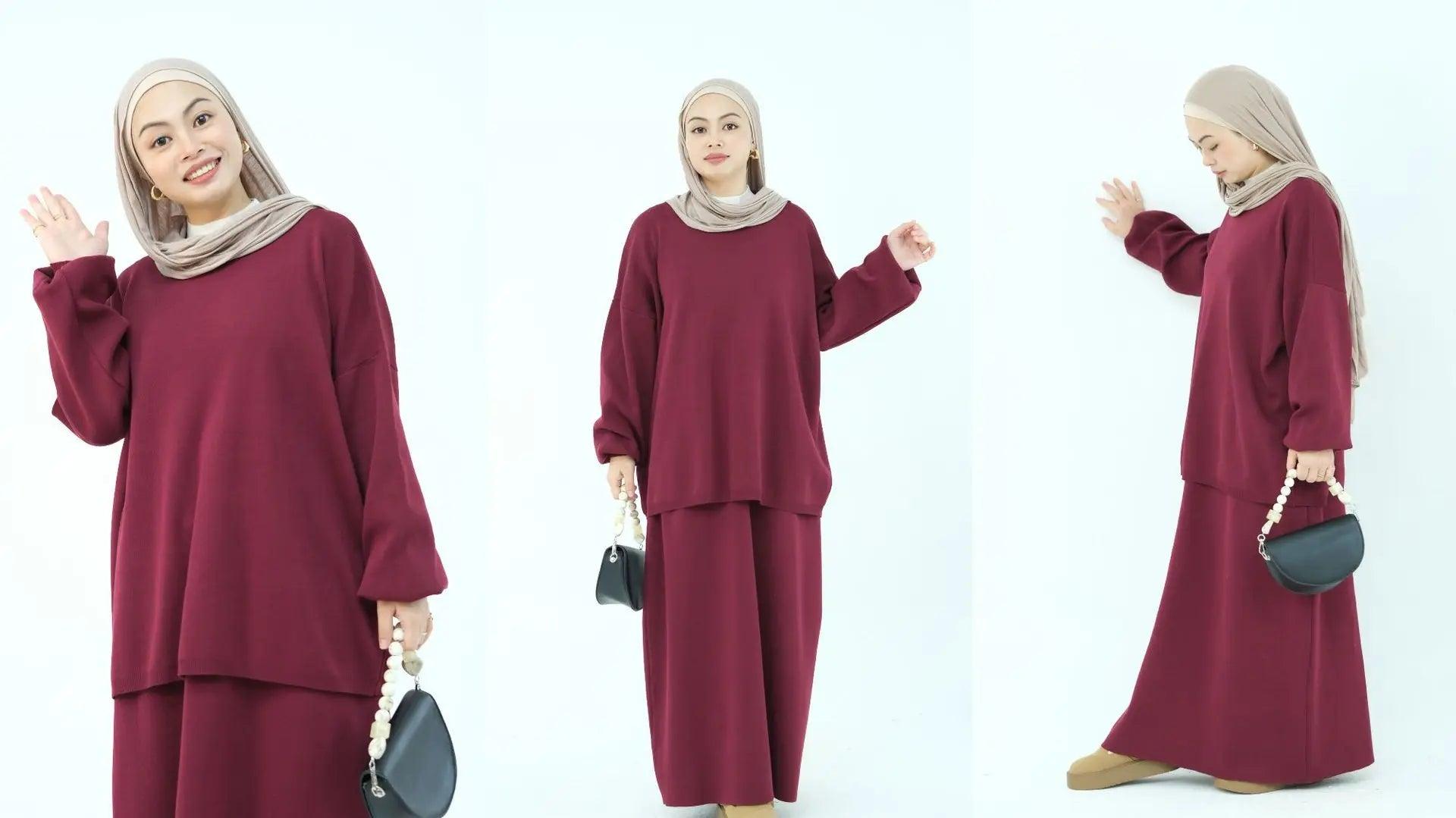 Autumn Winter Thickened Knitted Sweater Skirt Set Ramadan Modest Suits Muslim Women Solid Color 2-piece Set Warm Islam Clothing - Aurex