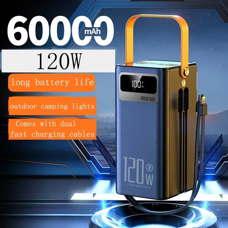 120W Large Capacity 60000mAh Super Fast Power Bank, Outdoor Camping Live Streaming Mobile Power Bank