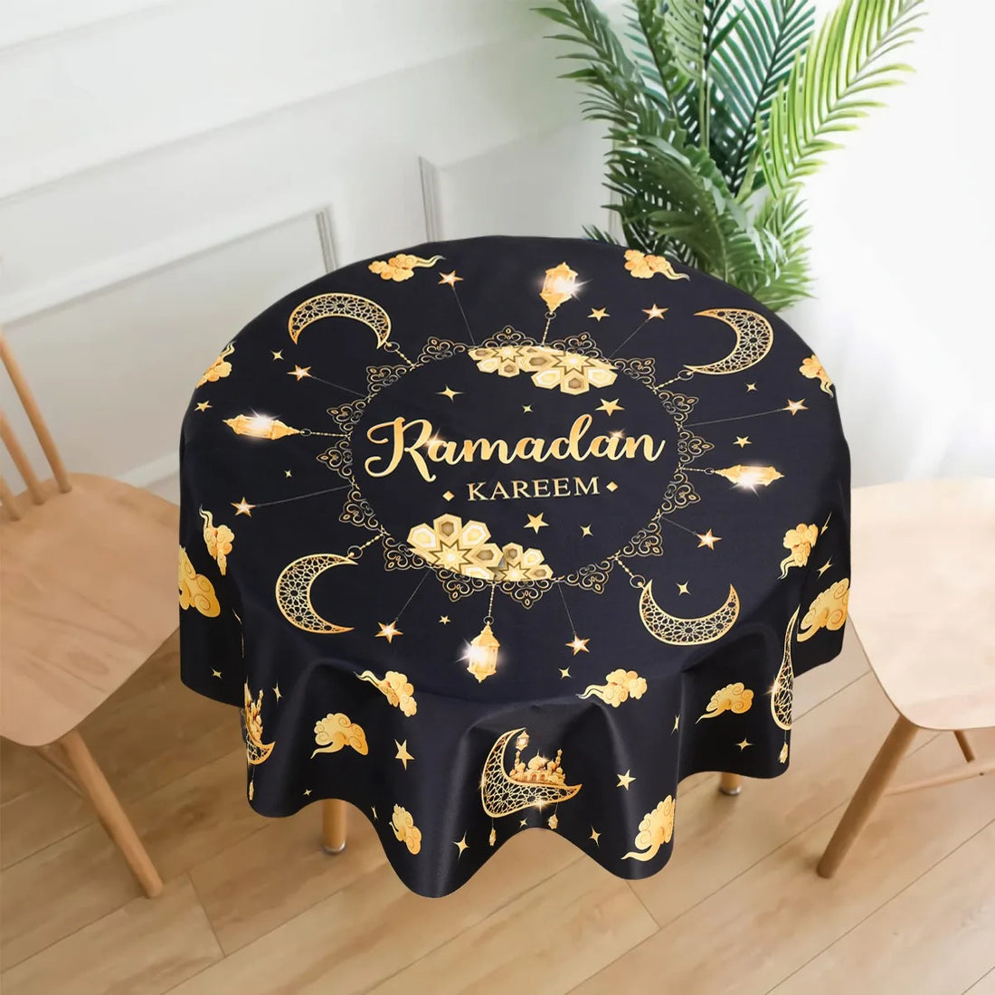 Ramadan Kareem Moon Star Round Tablecloth 2025 Eid Mubarak Ramadan Decoration for Home Islamic Muslim Party Supplies Table Cover