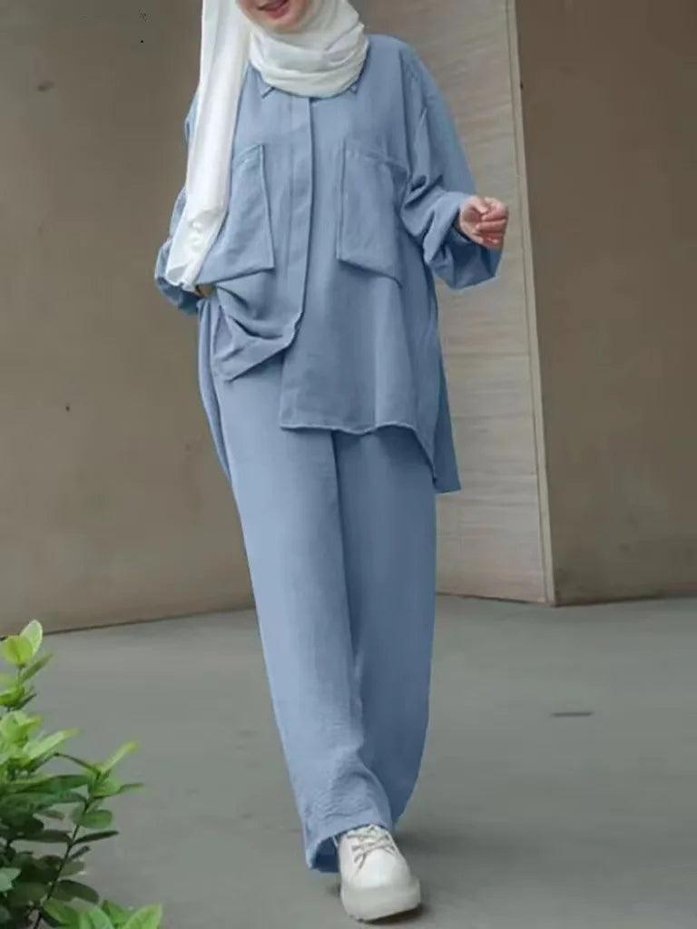 Muslim Wide Leg Trousers Suits for Women, Solid Long Tops and Pant Sets, Islamic Fashion, Urban Tracksuit, Two Piece Sets - Aurex