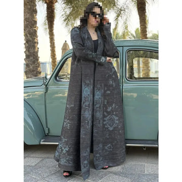 Women Abaya Vintage Printed Original Design Lapel Long Sleeved Cardigan Loose Big Collar Tied Arabian Female Luxury Abaya 2025