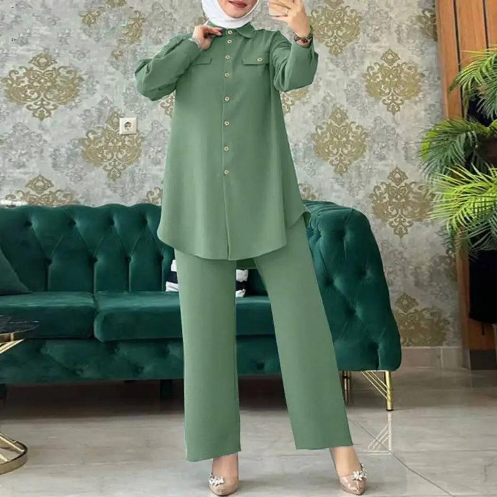 Elegant Full Sleeve Shirts and Wide Leg Pants Set for Women, Urban Tracksuits, Elegant Pant Sets, Turkish Blouse, Arab Fashion - Aurex