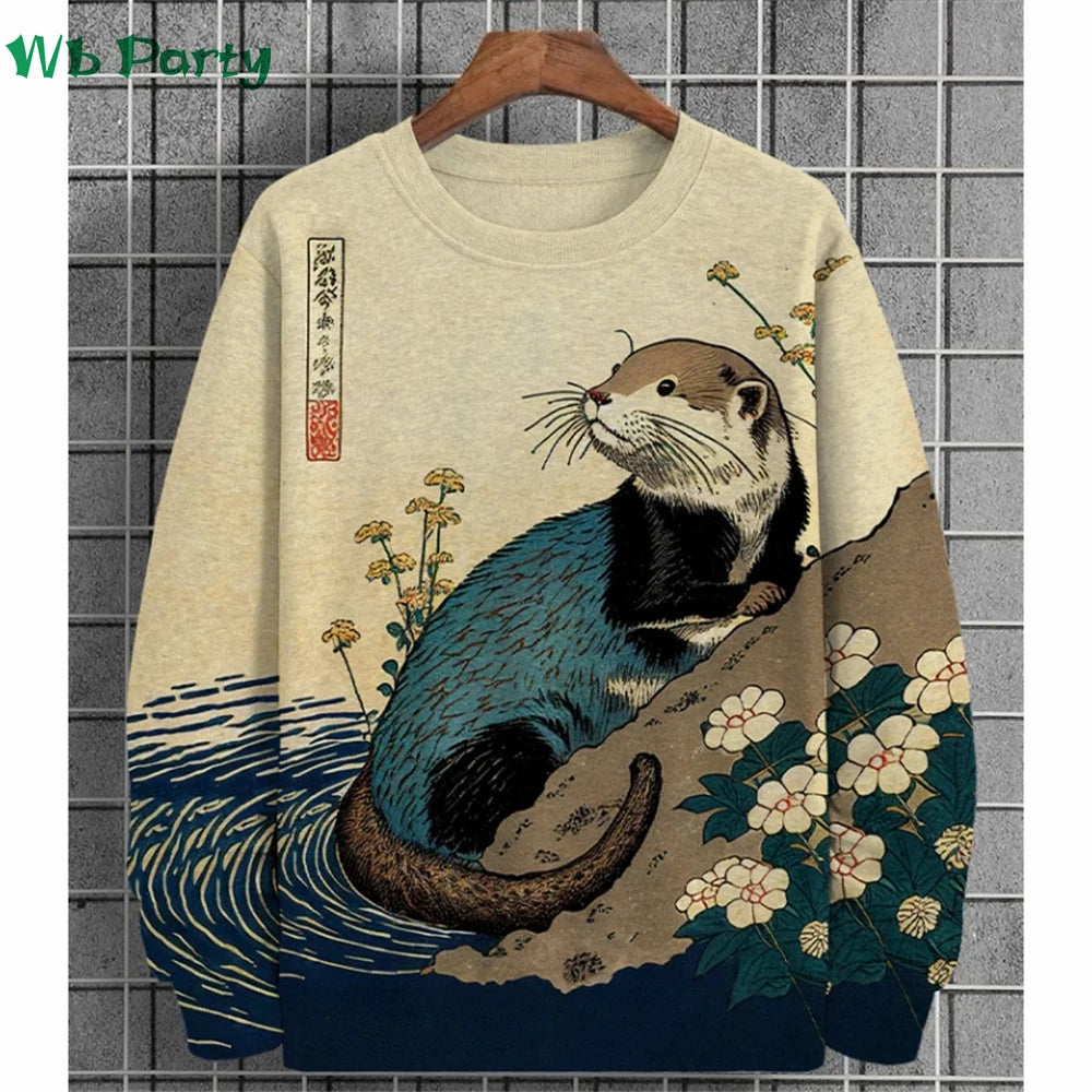 Fashion Animal Print Men's Clothing 3D Print Ukiyo-E Men's Long Sleeve T-shirt Animal Graphic T shirts Round Neck Mens Clothes