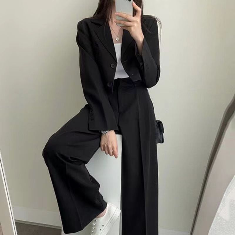 Spring Korean Casual Elegant Suits Blazer Jacket Wide Leg Trousers High Waist Pants Suits Female 2 Piece Sets Crop Top Coats - Aurex