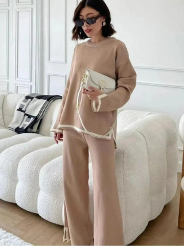 Winter Women Knitted 2 Pieces Set Muslim Casual Spring Split Pullover Sweater Top Knitted Pant 2PCS Suits Warm Set Outfit  2025 - Aurex