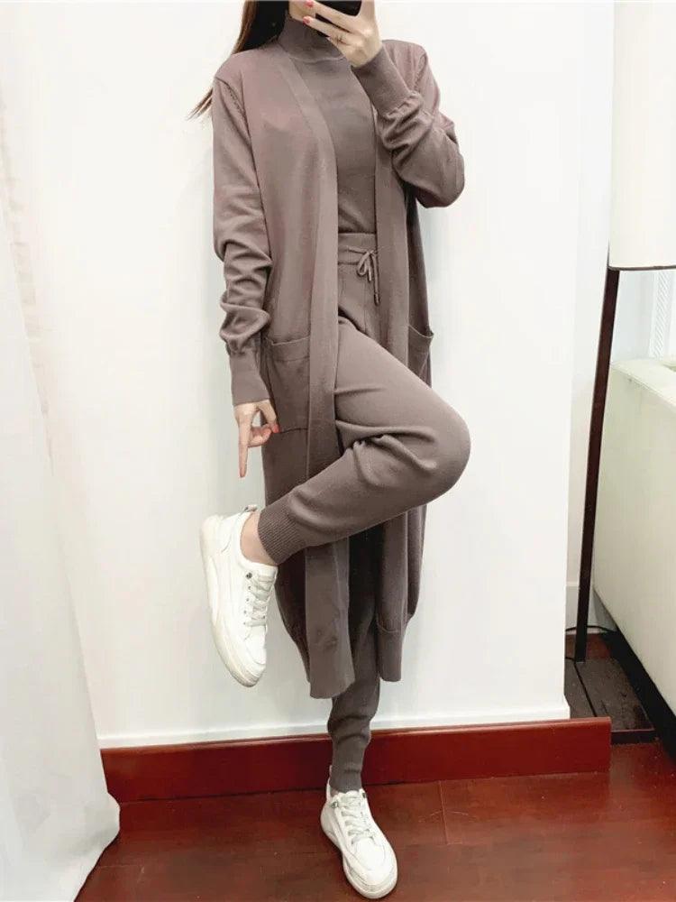 Winter Women Knitted 3 Pieces Set Casual Thicken Long Coat Dress Sweater Coat +top + Pant 3PCS Suits Warm Set Abaya 2024 - Aurex