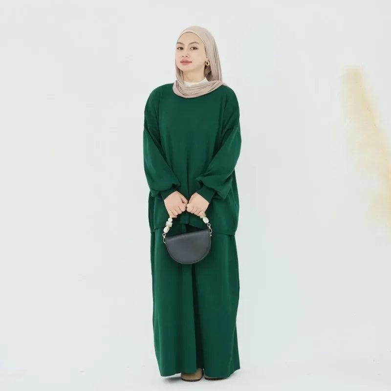 Autumn Winter Thickened Knitted Sweater Skirt Set Ramadan Modest Suits Muslim Women Solid Color 2-piece Set Warm Islam Clothing - Aurex