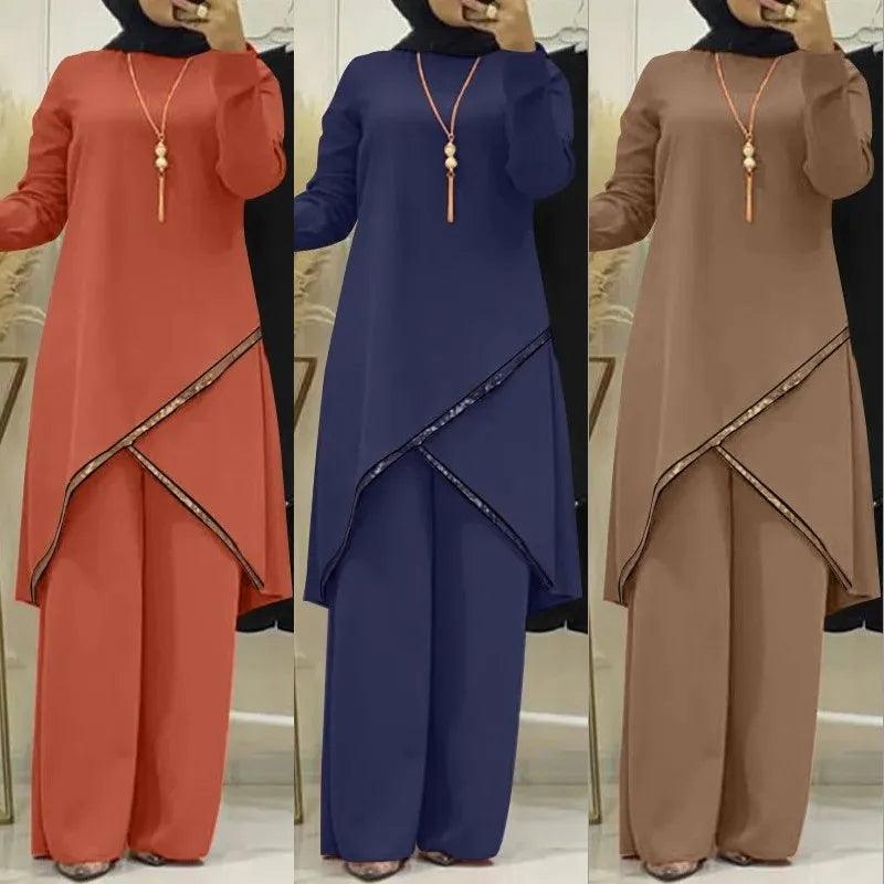 Muslim Two-Piece Sets for Women Long Sleeve Blouse Wide Leg Pants Modest Abaya Dubai Turkey Suits Arab Casual Tracksuit - Aurex