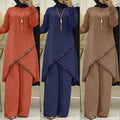 Muslim Two-Piece Sets for Women Long Sleeve Blouse Wide Leg Pants Modest Abaya Dubai Turkey Suits Arab Casual Tracksuit - Aurex