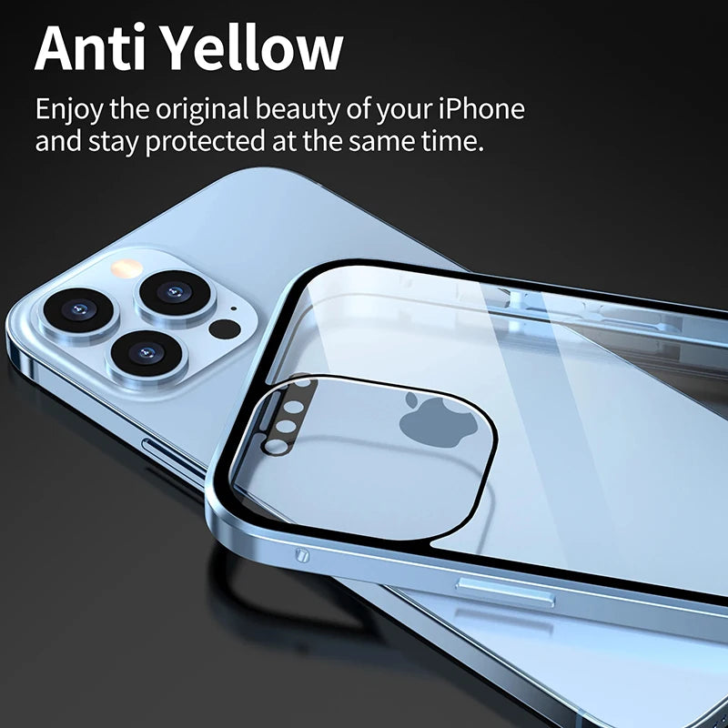 360°Full Protection Metal Magnetic Double-Sided Glass Anti Peeping Snap Lock Phone Case For iPhone 15 14 13 12 16 Pro Max Cover