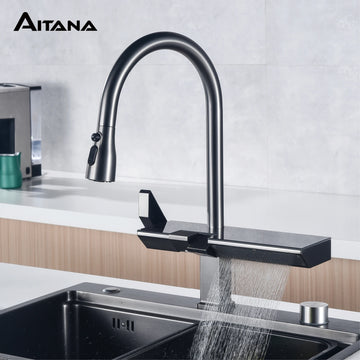 AITANA Luxury Chrome Brass Kitchen Faucet with Digital Display Design, Hot and Cold Water Pull out 3-Function Sink Mixer