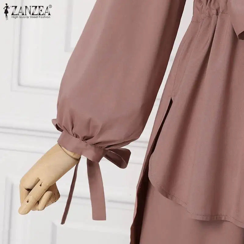 2025 ZANZEA Women Long Sleeve Blouse Pant Suits Fashion Abaya Hijab Tracksuits IsIamic Clothing 2PCS Vintage Autumn Muslim Sets - Aurex