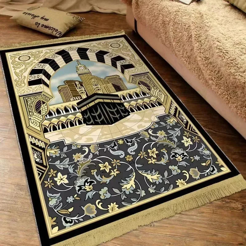 Thick Soft Islamic Prayer Mat Soft Plush Thickened Jacquard Fringed Rug Machine Washable Non-Slip Living Room Rug