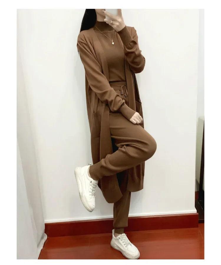 Winter Women Knitted 3 Pieces Set Casual Thicken Long Coat Dress Sweater Coat +top + Pant 3PCS Suits Warm Set Abaya 2024 - Aurex