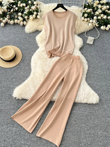 SINGREINY Korean Fashion Summer Sets O Neck Sleeveless Stripe Knitting Tops+Elastic Waist Basic Long Pants Casual Female Suits - Aurex