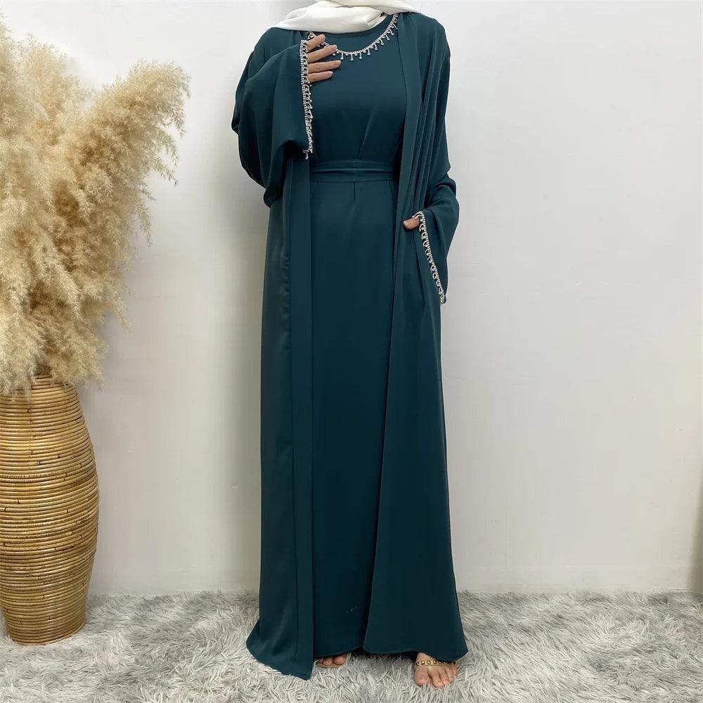 New fashion Muslim women sleeveless dress plus Muslim cardigan two-piece Arab Turkey Dubai dress elegant temperament clothing - Aurex