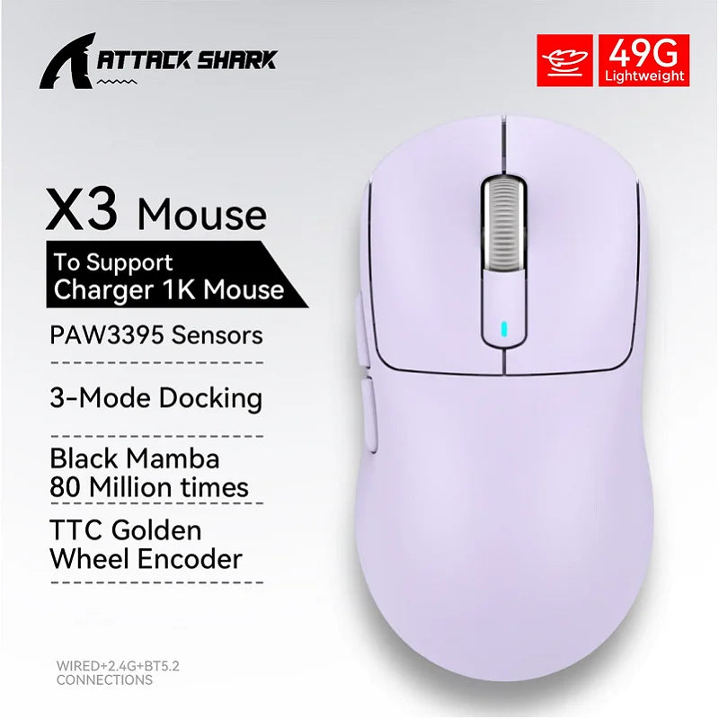 Attack Shark X3pro X3 Wireless Mouse, Macro Gaming Mouse,Lightweight Mouse,PixArt PAW3395 650IPS 26000dpi,Mouse for pad/pc/mac