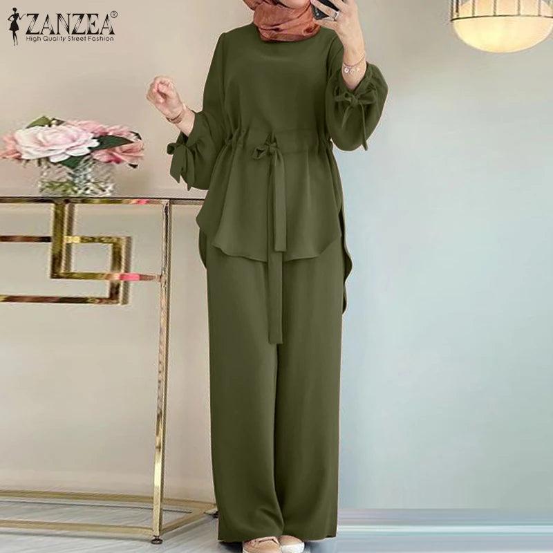 Muslim Women Matching Sets Long Sleeve Solid Color Tops And Loose Pant Suits Elegant Fashion Casual Tracksuit Kaftan - Aurex