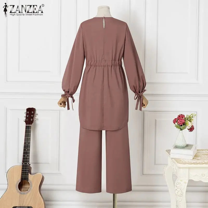 2025 ZANZEA Women Long Sleeve Blouse Pant Suits Fashion Abaya Hijab Tracksuits IsIamic Clothing 2PCS Vintage Autumn Muslim Sets - Aurex