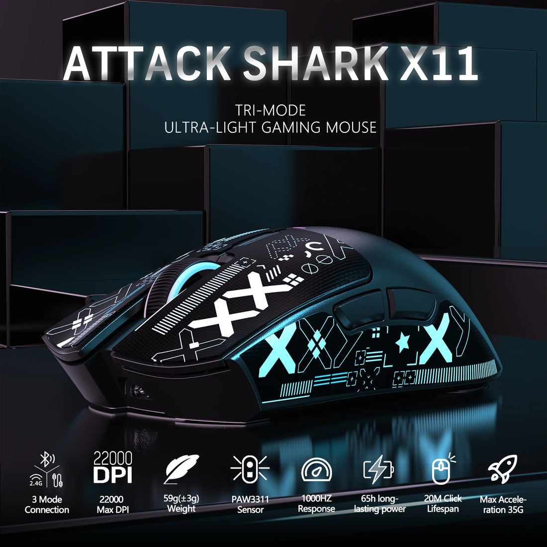 ATTACK SHARK X11 Wireless Gaming Mouse with Charging Dock PixArt PAW3311 Gaming Sensor, BT/2.4G Wireless/Wired